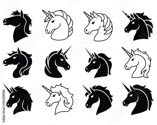 unicorn head line art silhouette vector set

