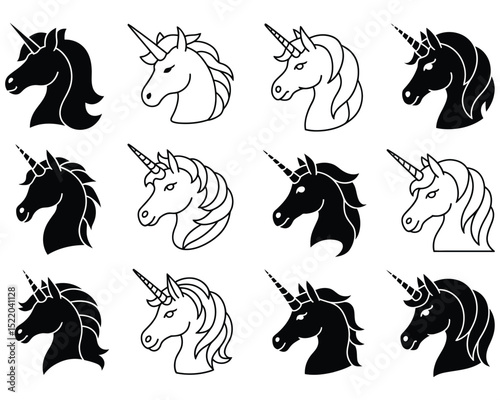 unicorn head line art silhouette vector set

