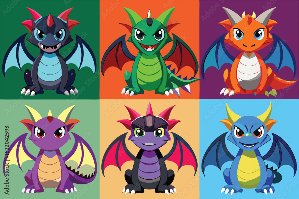 Naklejka premium Colorful Cartoon Dragon Collection with Wings Horns and Scales on a Background