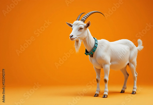 Frontal Portrait of a Domestic Goat Standing on a Plain Orange Background