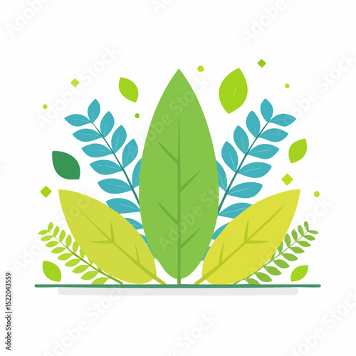A vibrant illustration of various stylized leaves in shades of green, yellow, and blue arranged in a decorative and artistic composition