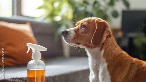 Playful beagle dog curiously observes cleaning spray at home indoor setting cute pet photography cozy environment