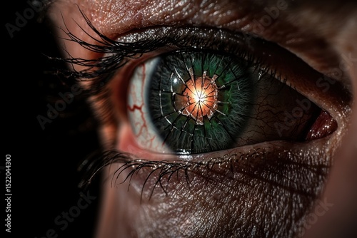 Migraine-induced debilitating eye closeup artistic kaleidoscopic pattern intimate macro view