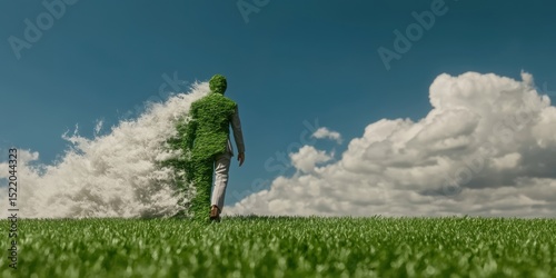 Emerging from debilitating storms a figure's journey into a calm sunny field