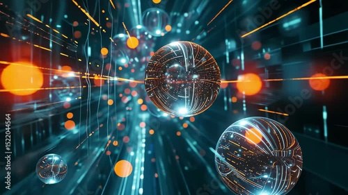 Exploring floating data spheres in a dynamic virtual reality environment filled with vibrant light trails and glowing orbs, illustrating advanced technology's capabilities