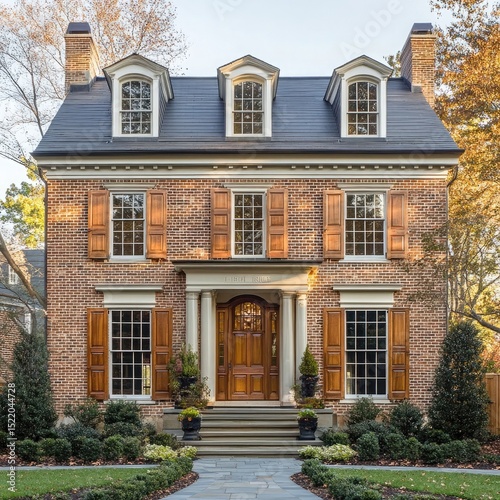 Colonial-style house architecture with symmetrical layouts, wooden shutters, brick facades, pitched roofs, and traditional design rooted in American heritage