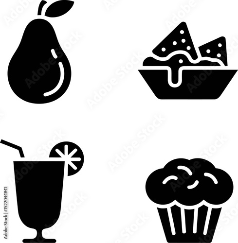 Vector icons of pear nachos juice and cupcake food and drink illustrations black and white clip art editable stock vector illustration