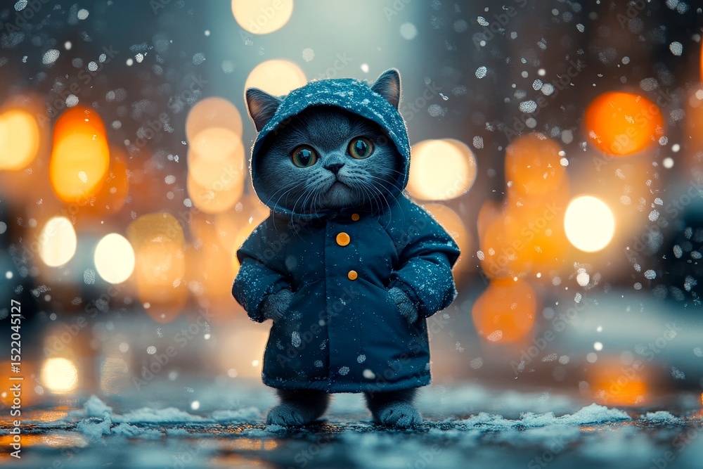 Fototapeta premium Happy cute baby cat british shorthair in winter warm clothes, fr