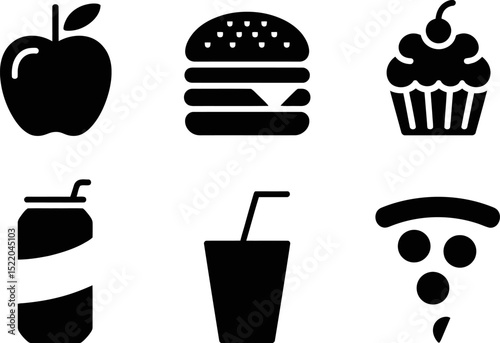 Food icons vector illustration set apple burger cupcake soda drink pizza black silhouette isolated design 100 editable stock vector illustration