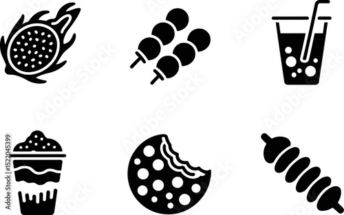 Vector food icons set dragon fruit drink cupcake cookie skewer graphics black and white design element editable stock vector illustration
