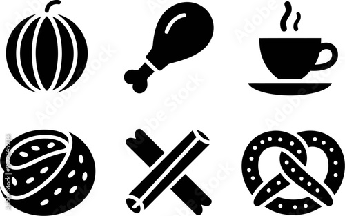 Food icons set vector illustration pumpkin chicken coffee bun cinnamon pretzel design graphic elements 100 editable stock vector illustration