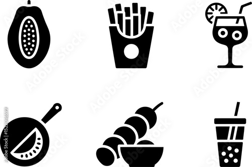 Food icons vector set papaya fries cocktail skewer watermelon juice black silhouette isolated design 100 editable stock vector illustration