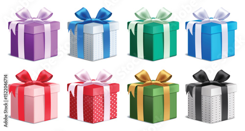 Gift box 3d colorful elements clipart set. Birthday gift boxes icon clip art with ribbon tie, dots pattern and plain collection surprise elements in white background vector illustration. 
