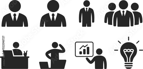 Business people icons vector set office workers team presentation idea leadership management success 100 editable stock vector illustration
