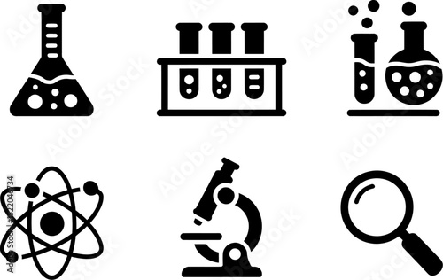 Science lab equipment vector icons: flask, test tubes, atom, microscope, and magnifying glass icons editable stock vector illustration