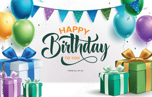 Birthday invitation card clipart background banner. Happy birthday greeting text with gift boxes, balloons and pennants colorful decoration elements clip art for party holiday design vector 