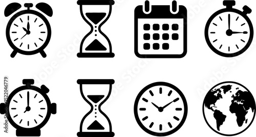 Time management icons set vector illustration alarm clock hourglass calendar stopwatch world clock design 100 editable stock vector illustration