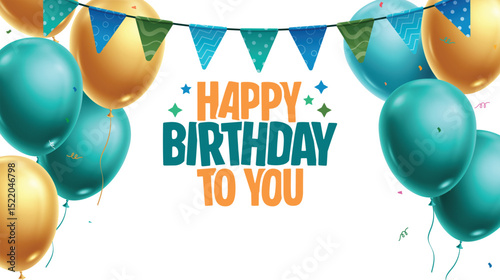 Happy birthday greeting card clipart banner. Birthday invitation clip art with blue and gold balloons floating decoration elements in white background vector illustration. 

