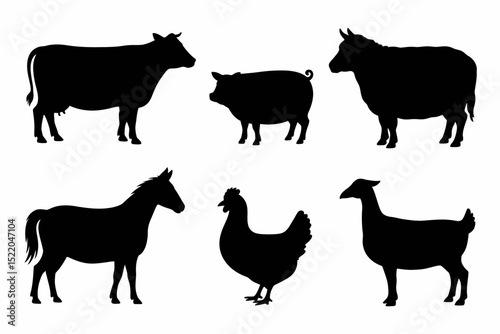 Farm animal silhouettes vector illustration livestock animals cow pig sheep horse chicken goat isolated 100 editable stock vector illustration