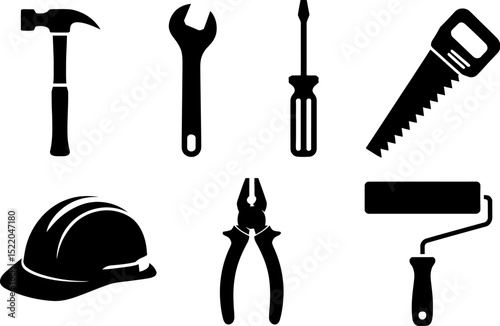 Tools vector icon set construction equipment hammer wrench screwdriver saw helmet pliers roller black 100 editable stock vector illustration
