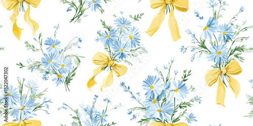 Watercolor Blue Daisies and Yellow Ribbons on white Seamless Pattern. Elegant Floral Bouquet Repeat Background for Spring Events, Textiles, and Stationery