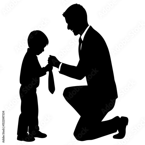 Silhouette vector of a father kneeling and tying a necktie for his young son