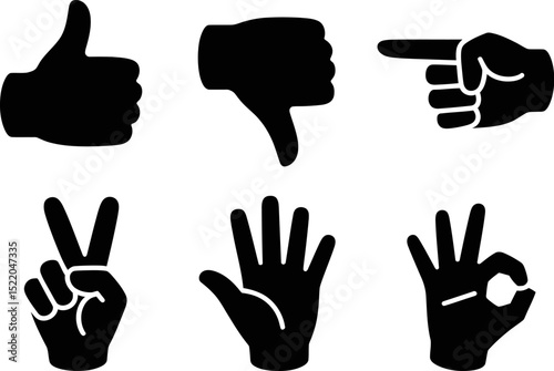 Hand gestures vector illustration set thumbs up down pointing peace ok open palm graphic design element 100 editable stock vector illustration