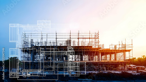 Construction Site Silhouette At Sunrise With Blueprint Overlay