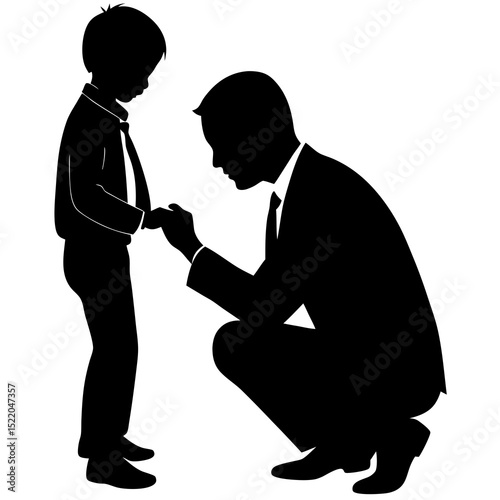 Silhouette vector of a father kneeling and tying a necktie for his young son
