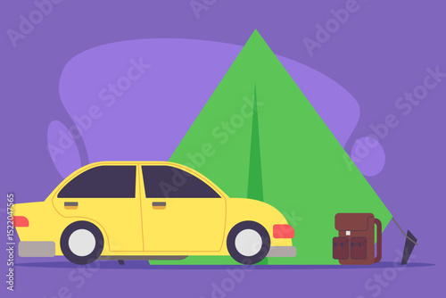 Yellow car parked next to green tent on purple background. Camping equipment such as backpack placed nearby, suggesting fun outdoor adventure