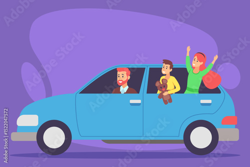 Family enjoying fun road trip in blue car. Father driving while children waving happily out window, holding teddy bear and wearing cheerful expressions
