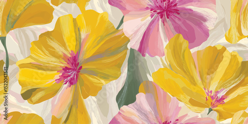 Vibrant Abstract Yellow Floral Seamless Pattern. Expressive Modern Blossom Repeat Background for Fashion, Textiles, and Artistic Design