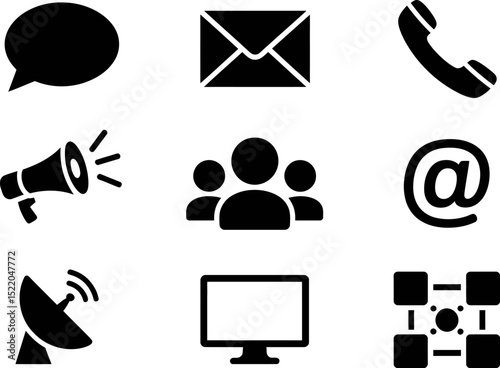 Communication icons set vector illustration message email phone megaphone team at antenna network 100 editable stock vector illustration