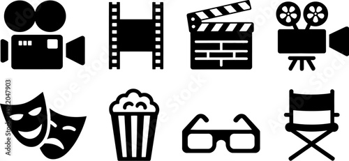 Movie production elements vector icons set film camera clapperboard popcorn masks glasses director chair editable stock vector illustration