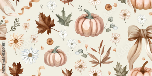 Cozy Autumn Pumpkins, Leaves, and Daisies Seamless Pattern. Watercolor Fall Harvest Repeat Background for Farmhouse Decor and Apparel