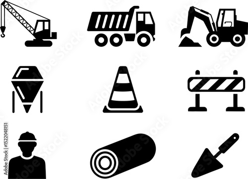Construction equipment vector icons set crane truck excavator barrier worker cone shovel materials 100 char editable stock vector illustration