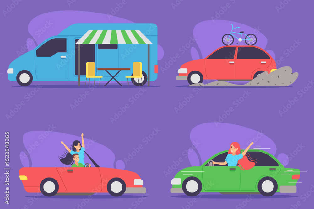 Naklejka premium Vibrant illustration of different vehicles engaged in outdoor activities. Families enjoying scenic rides in cars while camper van offering relaxing spot with table and chairs outside