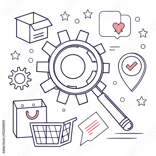 Digital business concept illustration with magnifying glass gears and icons