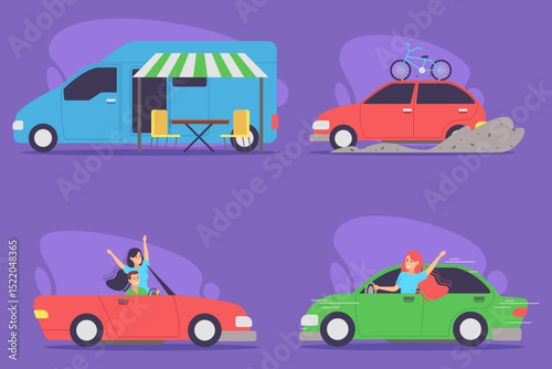 Vibrant illustration of different vehicles engaged in outdoor activities. Families enjoying scenic rides in cars while camper van offering relaxing spot with table and chairs outside