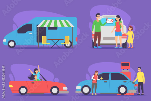 Families enjoying various activities on road trip, including fueling up cars, setting up mobile food stand, and having fun in convertible