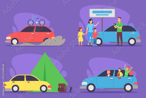 Collection of various family activities involving cars. Scenes including camping, group outings, and family interactions. Fun and adventure on road concept