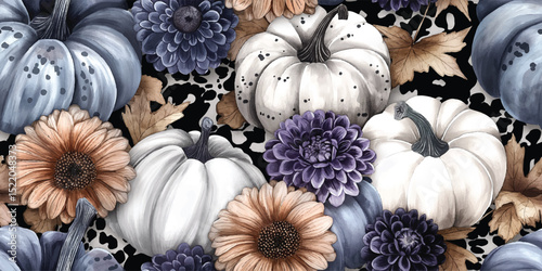 Chic Autumn Pumpkins and Dark Florals Seamless Pattern. Modern Fall Harvest Repeat Background with Abstract Spots for Fashion and Decor