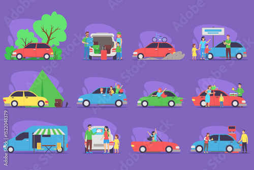 Collection of families engaging in diverse activities with cars, including camping, picnicking, and roadside assistance. Concept of joy of outdoor adventures together