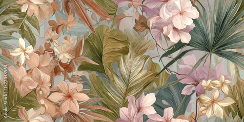 Exotic Tropical Floral and Palm Leaves Seamless Pattern. Lush Jungle Bloom Repeat Background for Resort Wear, Textiles, and Wall Decor