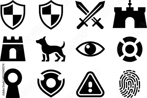 Heraldic shield and sword vector illustration icon set, a black silhouette symbol of love and protection