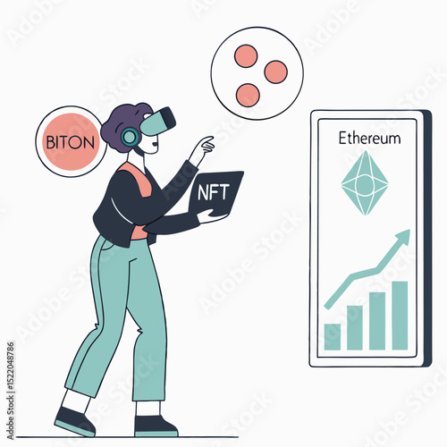 Metaverse illustration person in vr headset interacting with digital elements