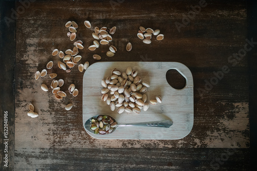 Pistachios on a wooden chopping board with metal spoon top down photo