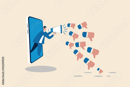 Internet hater, angry social media, dislike or negative feedback from remote work, cyber bullying concept, furious young man from mobile phone shouting on megaphone with negative thumb down symbols.