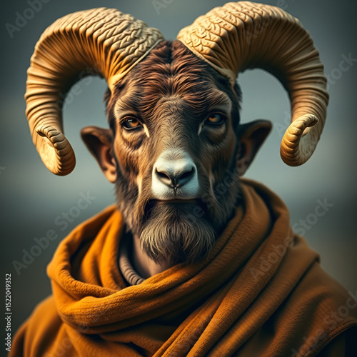 The image shows a man with a ram's head