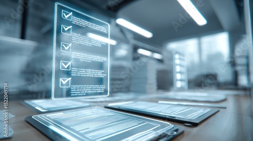 Digital Checklist: A cutting-edge, tech-focused composition features a digital checklist in the forefront with supporting paperwork. photo
